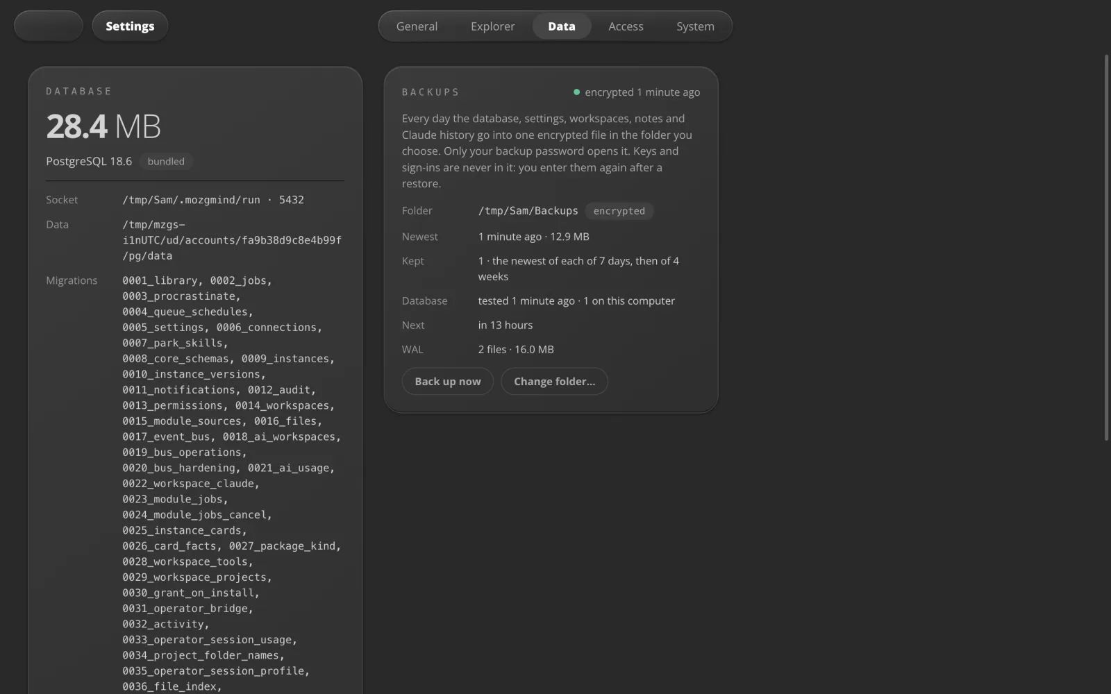 Backups in MOZG Mind: ein Screenshot der App
