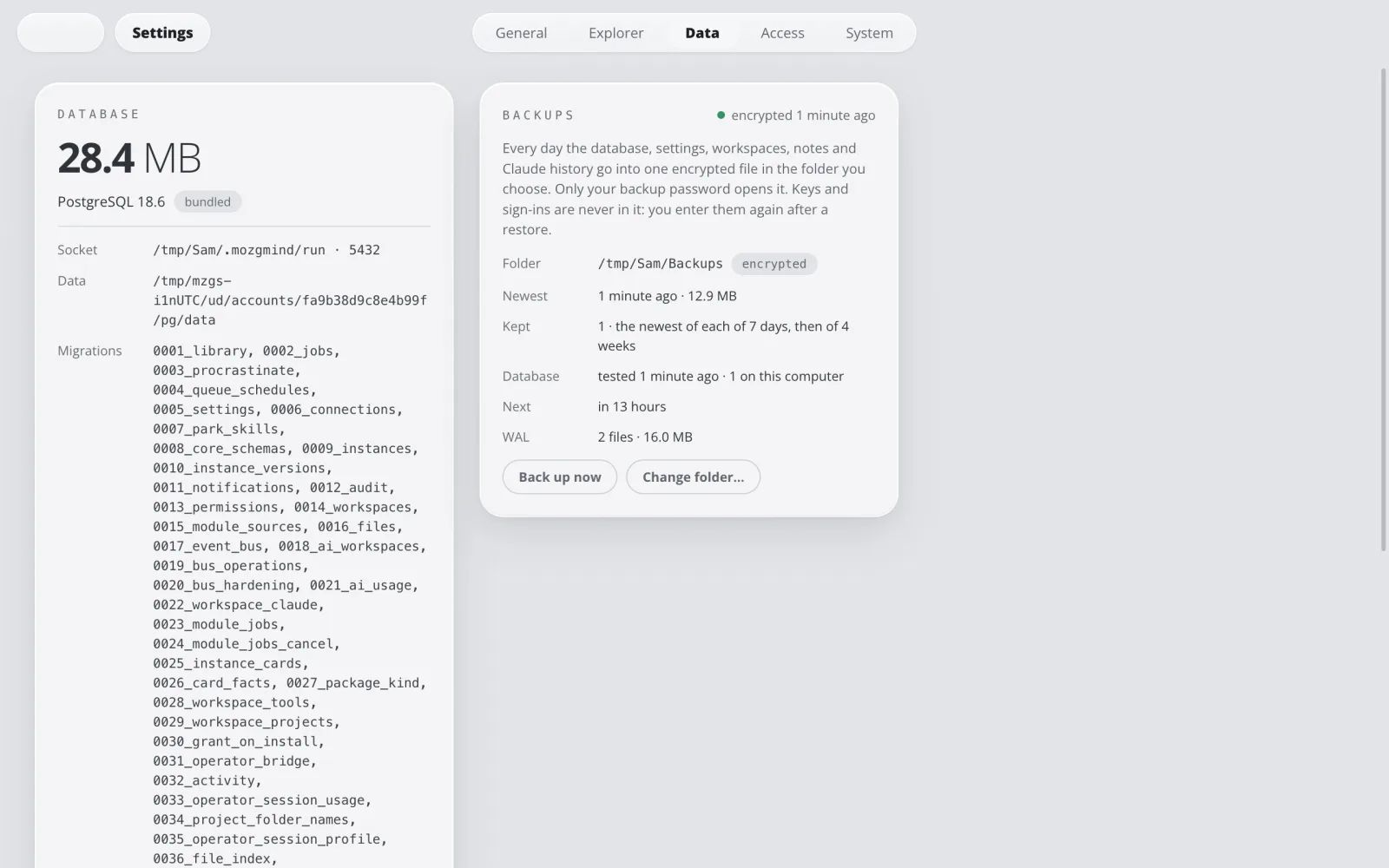 Backups in MOZG Mind: ein Screenshot der App