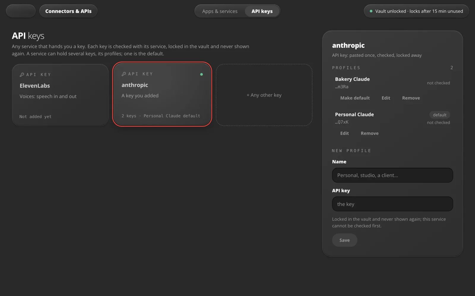 Verbindungen und APIs in MOZG Mind: ein Screenshot der App