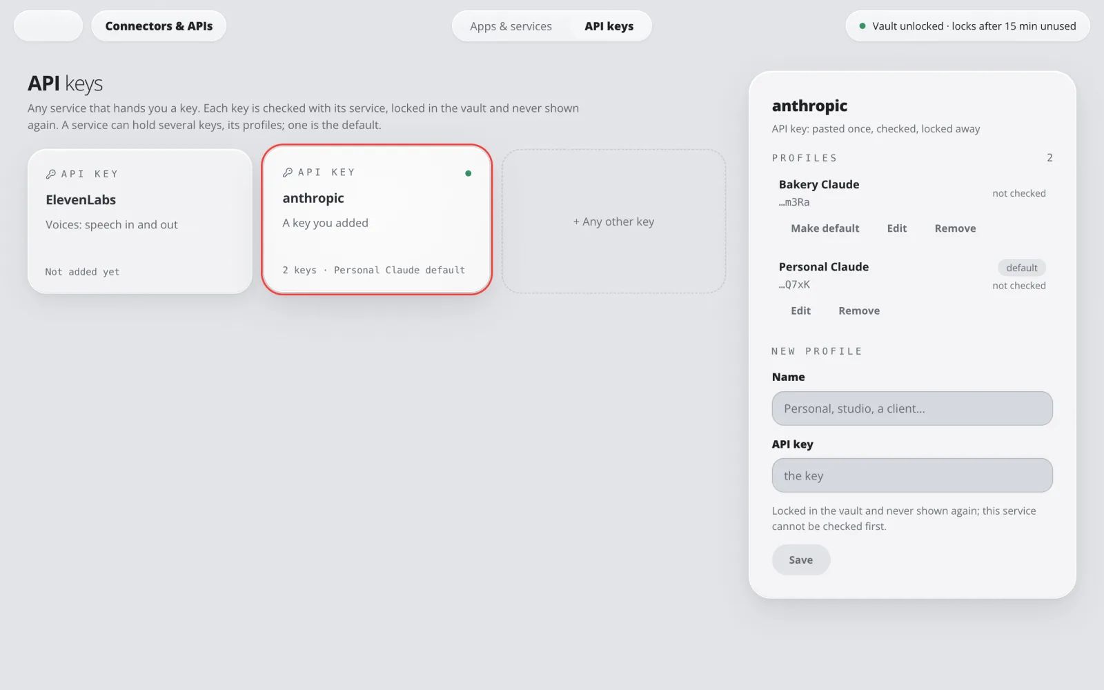 Verbindungen und APIs in MOZG Mind: ein Screenshot der App