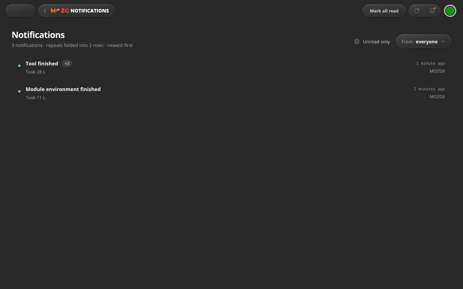 Posteingang in MOZG Mind: ein Screenshot der App