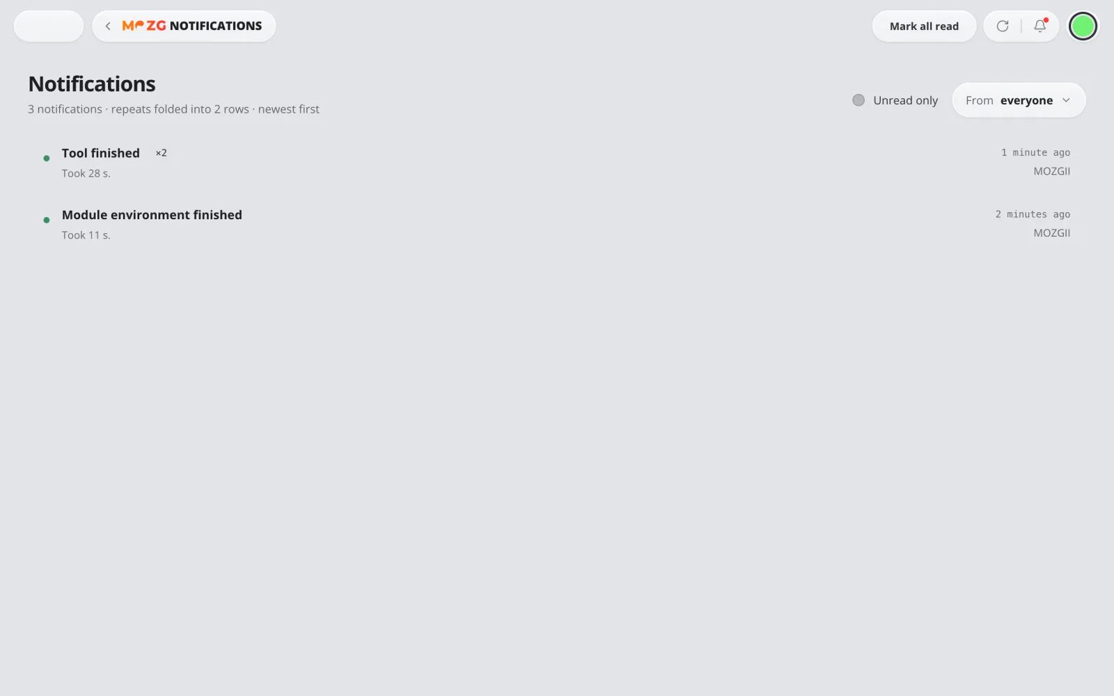 Posteingang in MOZG Mind: ein Screenshot der App