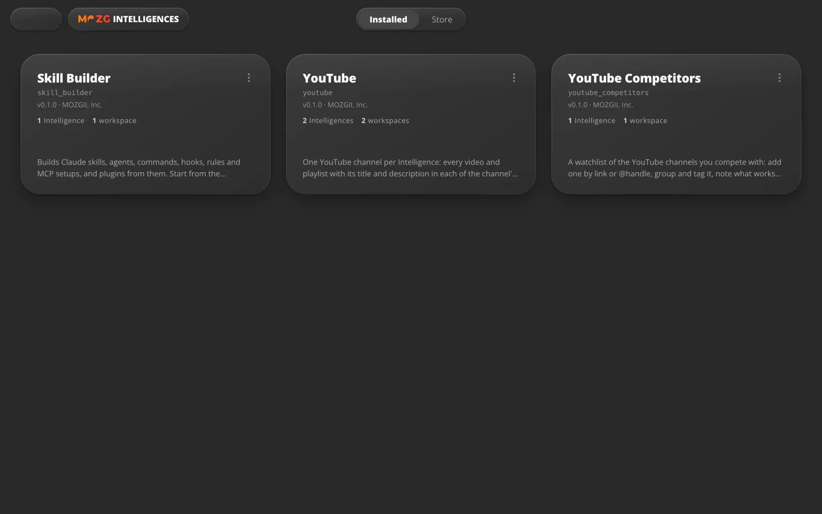 Intelligenzen in MOZG Mind: ein Screenshot der App
