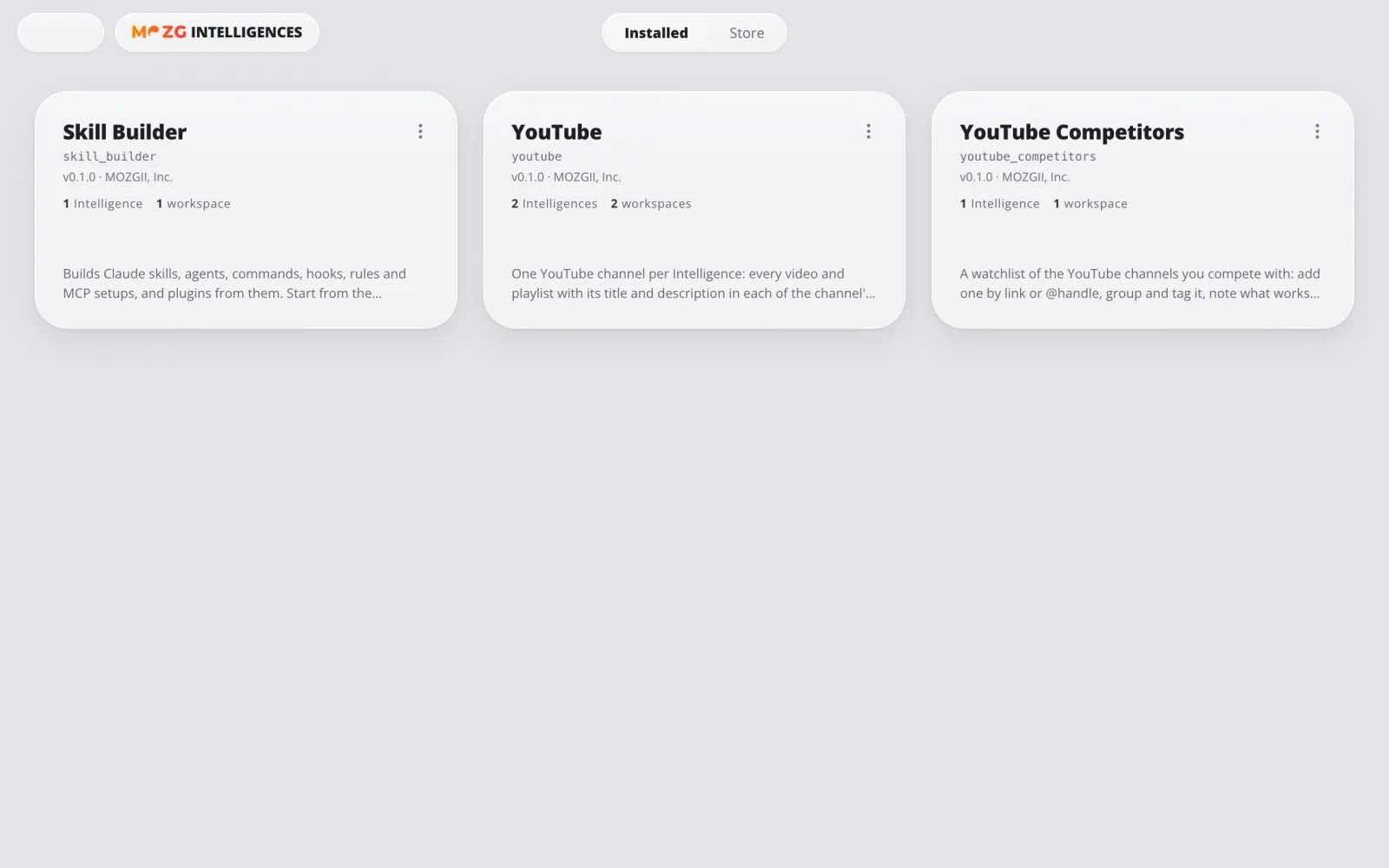 Intelligenzen in MOZG Mind: ein Screenshot der App