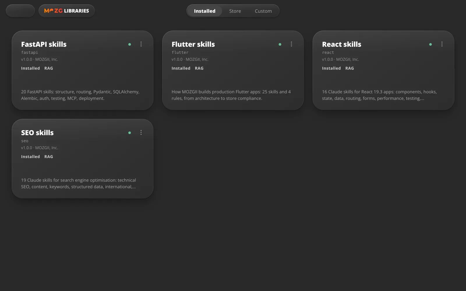 Bibliotheken in MOZG Mind: ein Screenshot der App