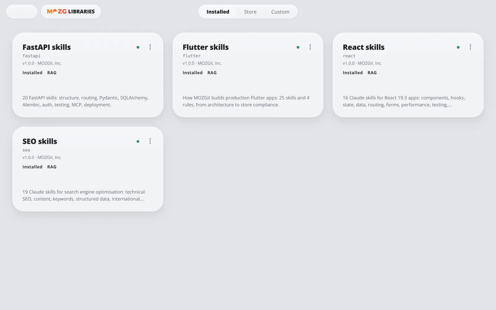 Bibliotheken in MOZG Mind: ein Screenshot der App