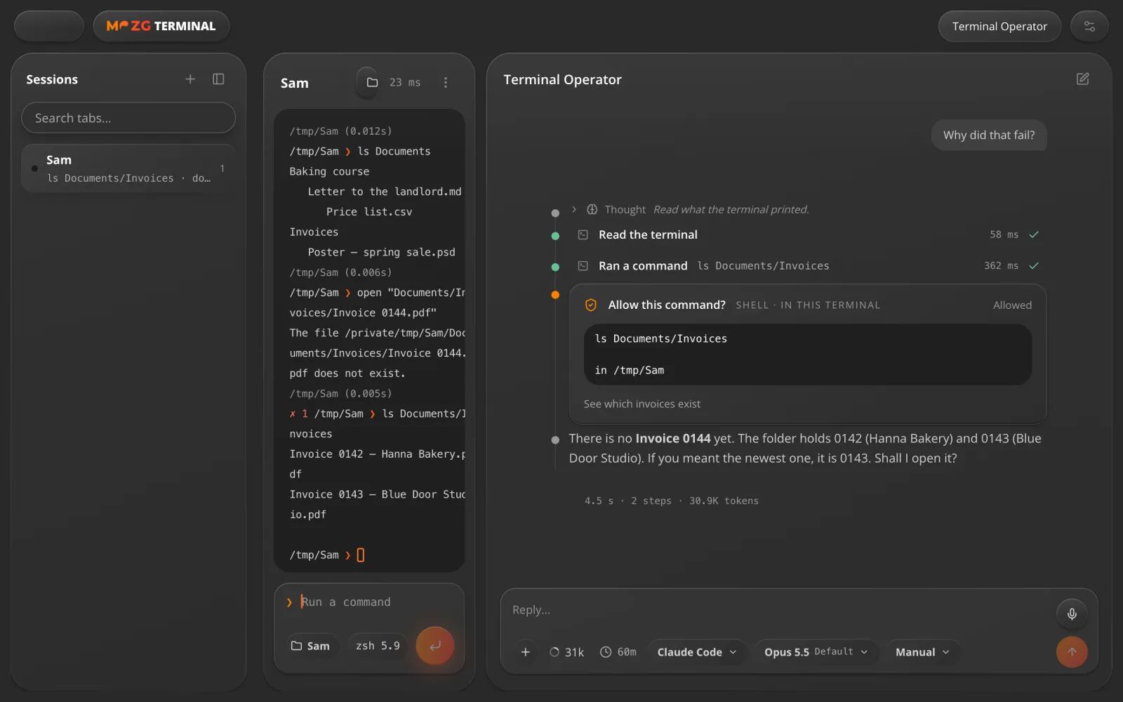 Terminal Operator in MOZG Mind: ein Screenshot der App