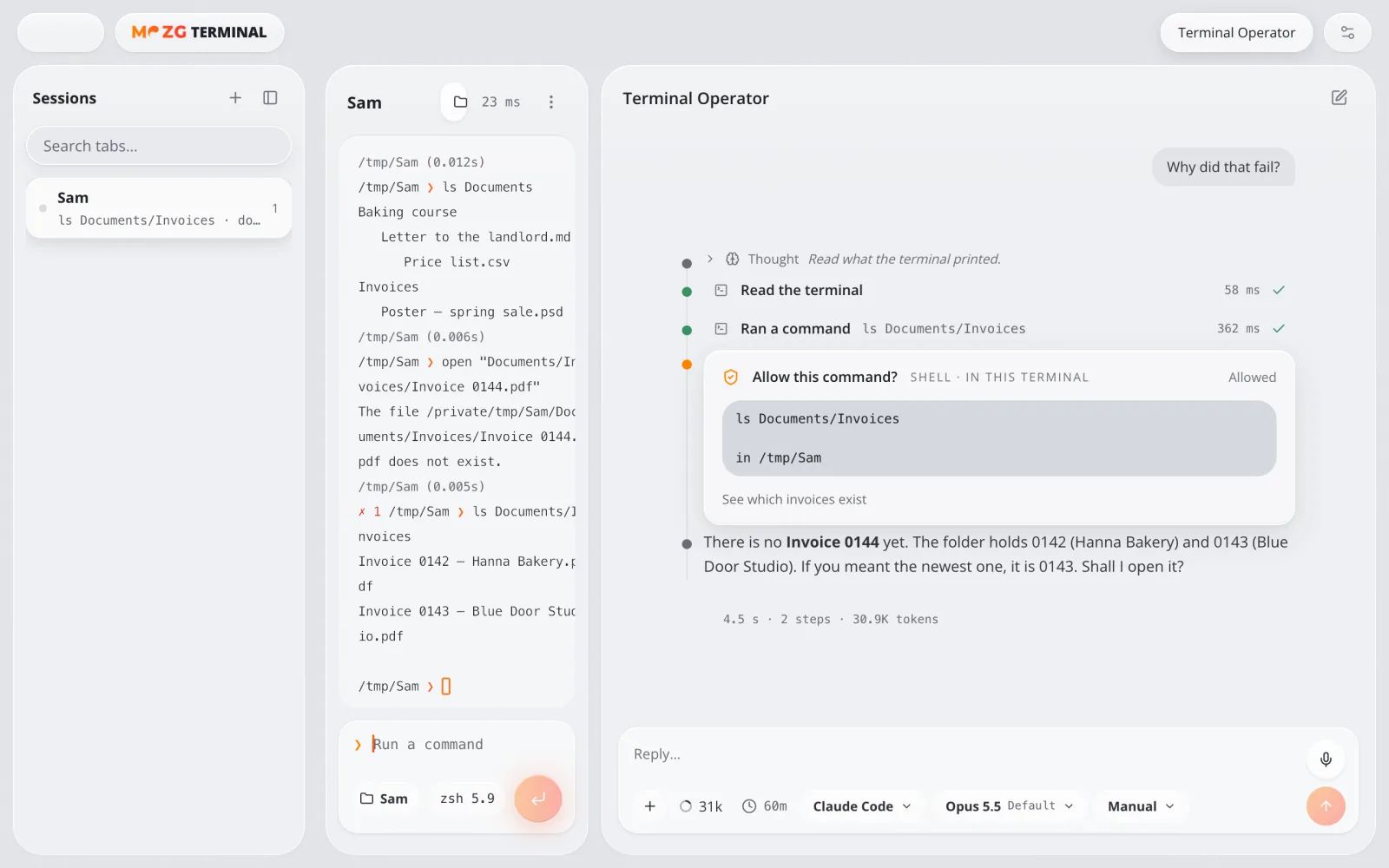 Terminal Operator in MOZG Mind: ein Screenshot der App