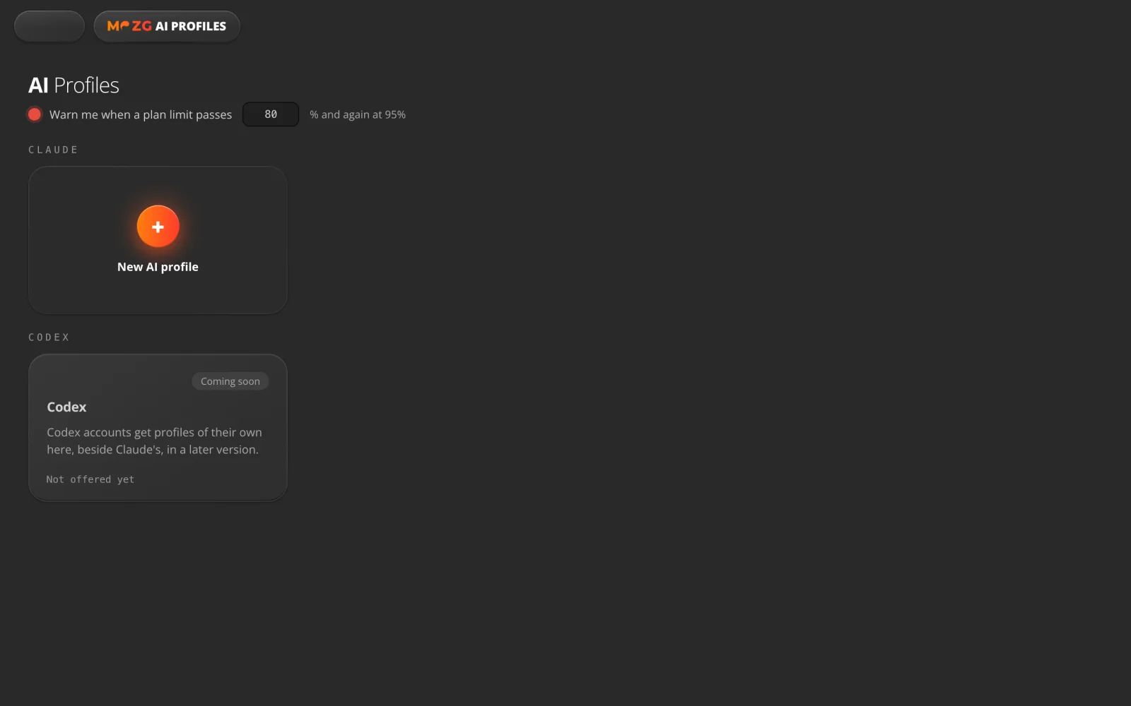KI-Profile in MOZG Mind: ein Screenshot der App