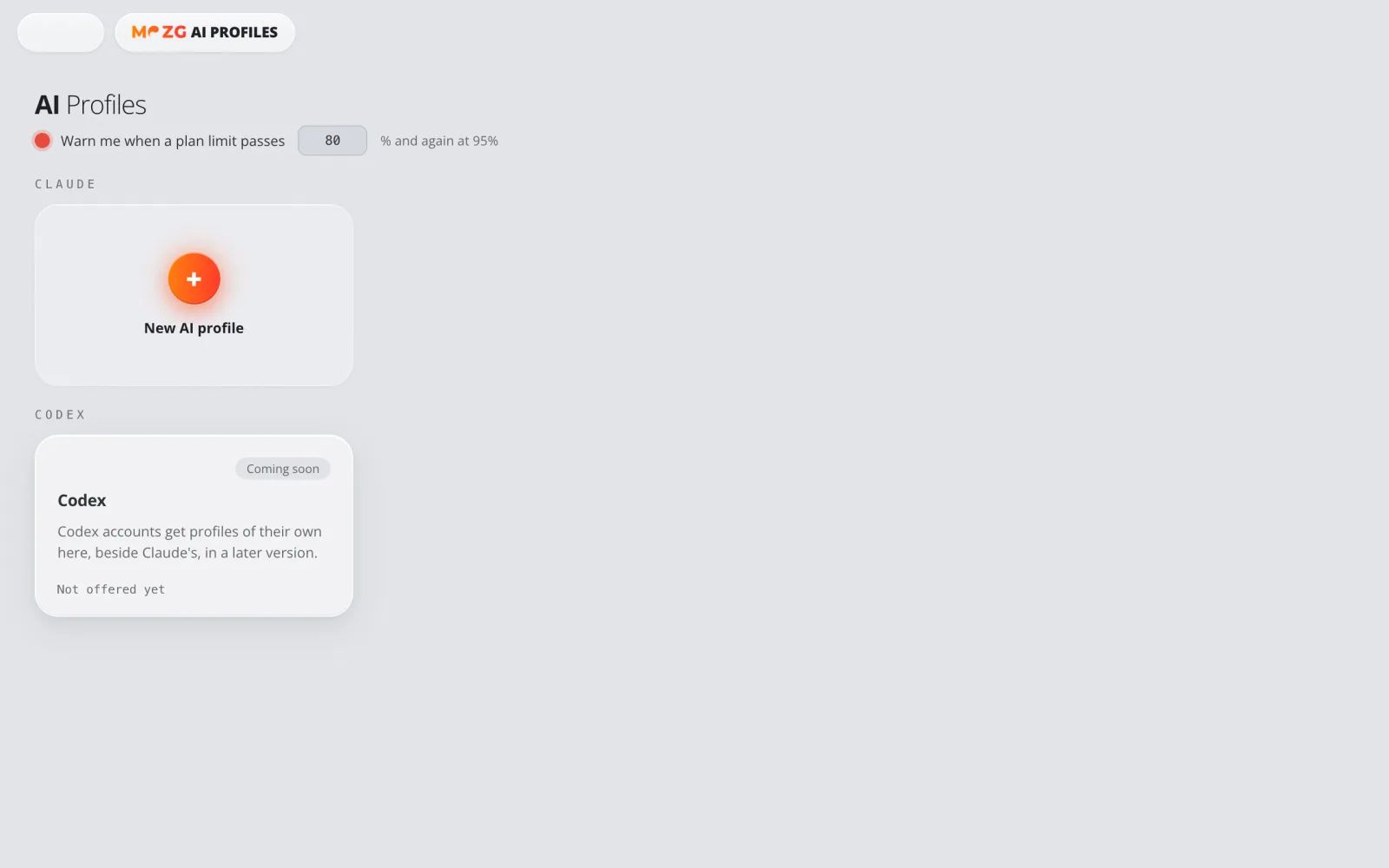 KI-Profile in MOZG Mind: ein Screenshot der App