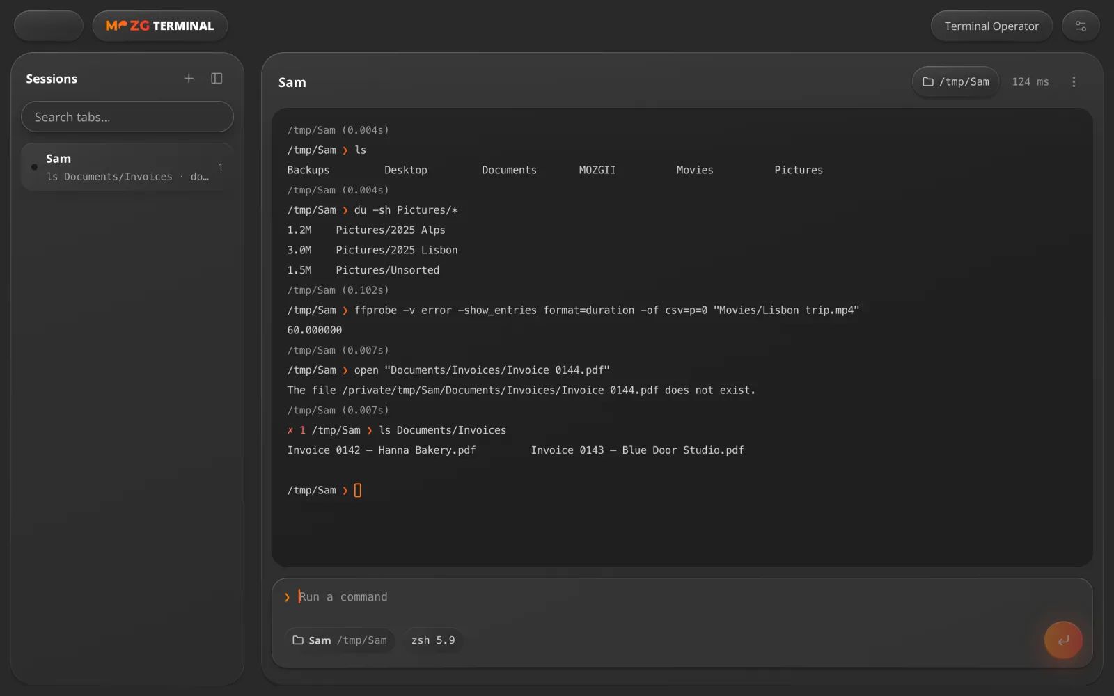 Terminal in MOZG Mind: ein Screenshot der App