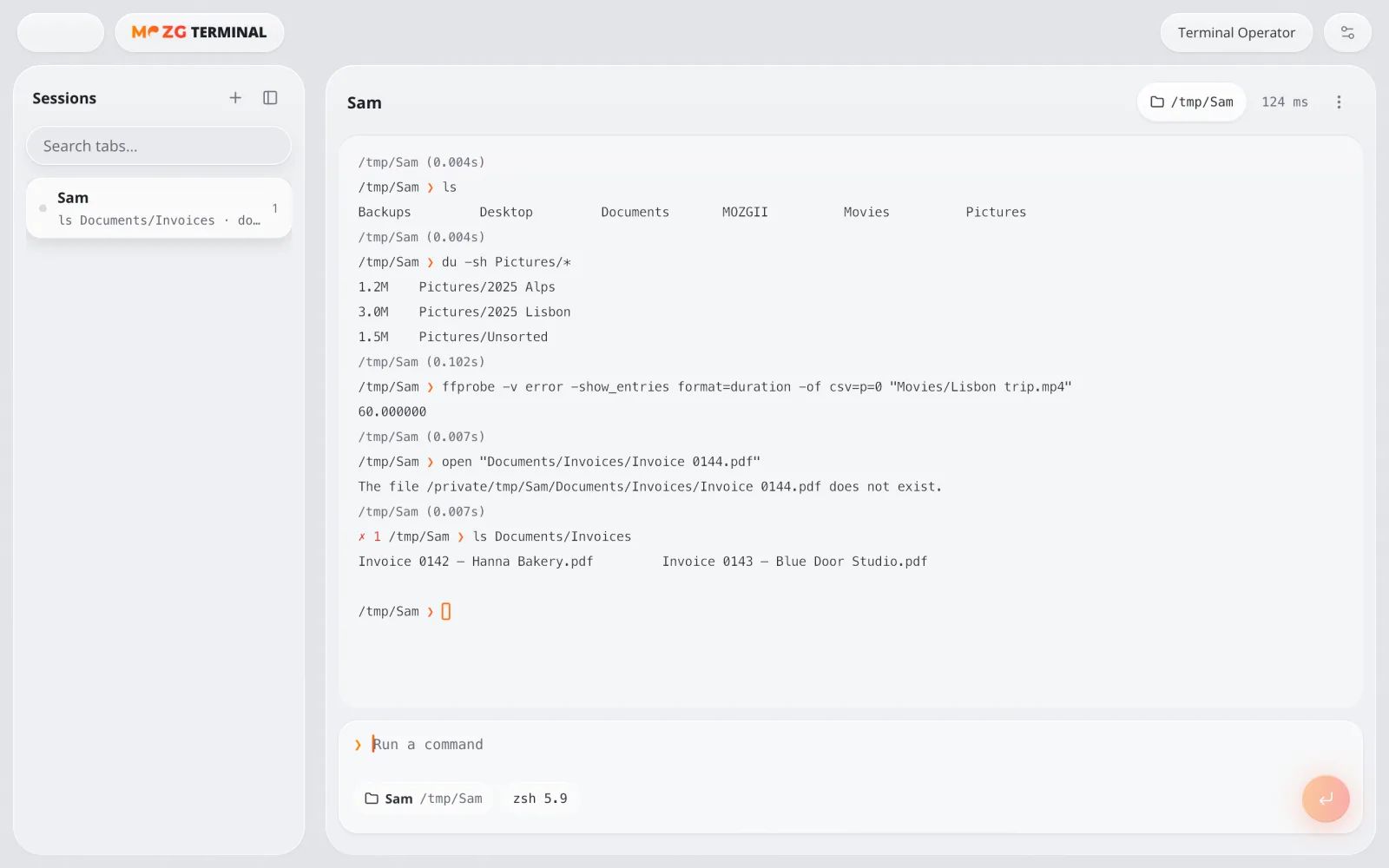 Terminal in MOZG Mind: ein Screenshot der App