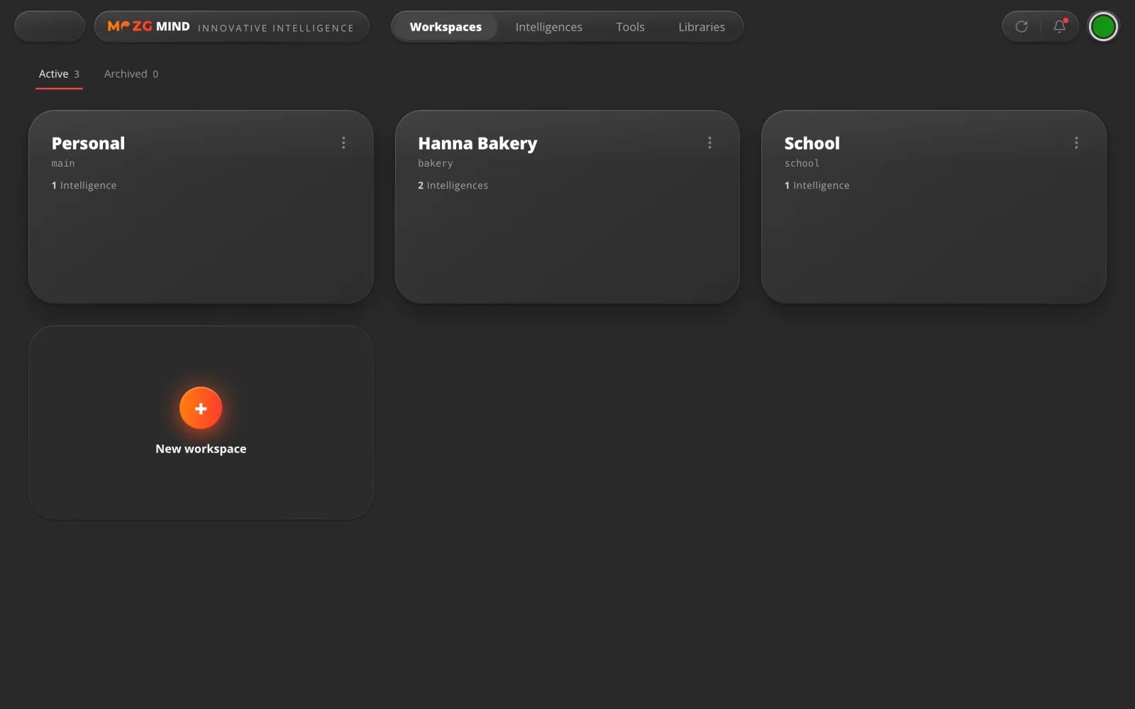 Arbeitsbereiche in MOZG Mind: ein Screenshot der App