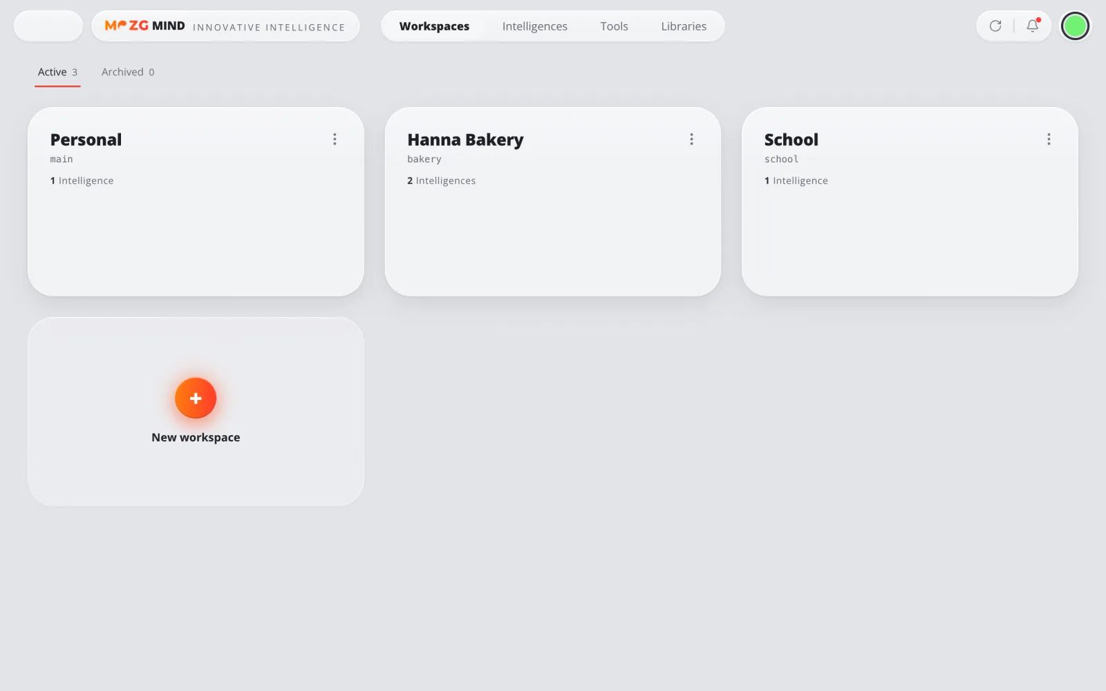 Arbeitsbereiche in MOZG Mind: ein Screenshot der App